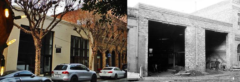 Historic transit building: 1908 railroad garage with open bays (right) and 2015 renovation with lit trees (left).