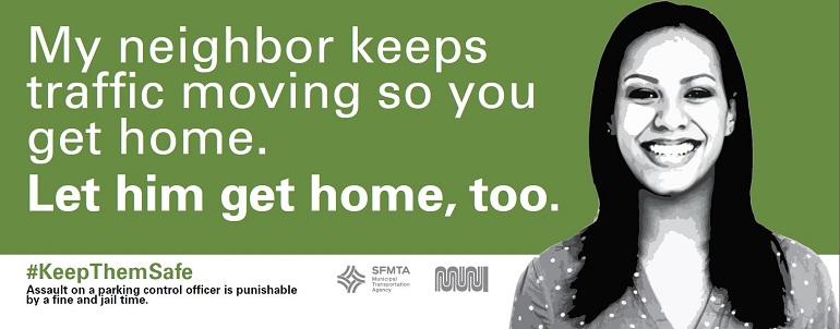 Woman smiling on green background with text about traffic control officers and road safety.