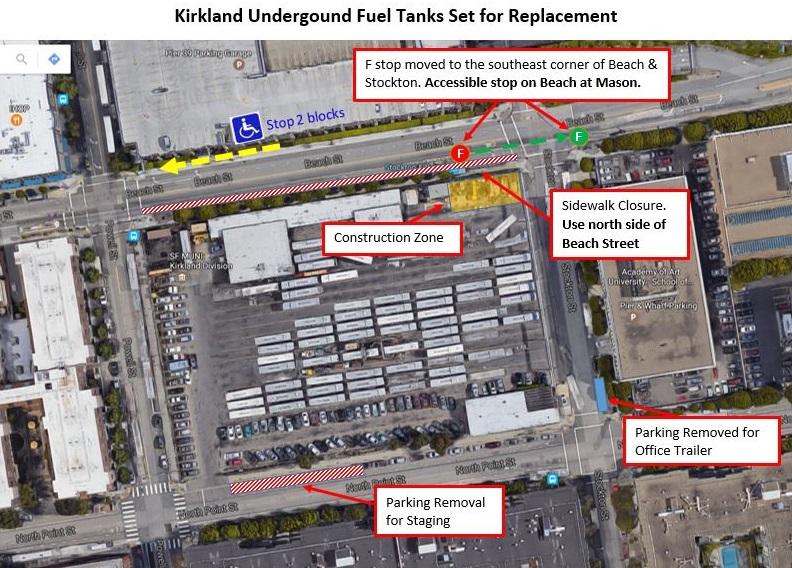 Aerial map showing construction zone at Beach and Stockton with marked transit stop, sidewalk closure, and parking removal areas.
