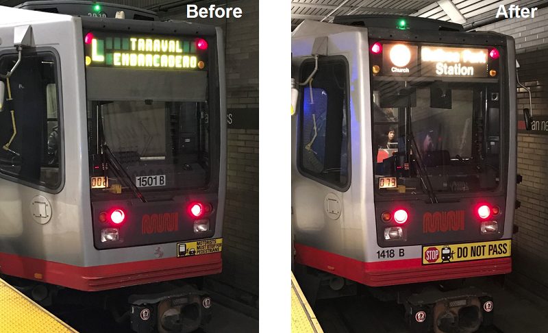 Before and after comparison of safety decal installation on light rail vehicle rear door.