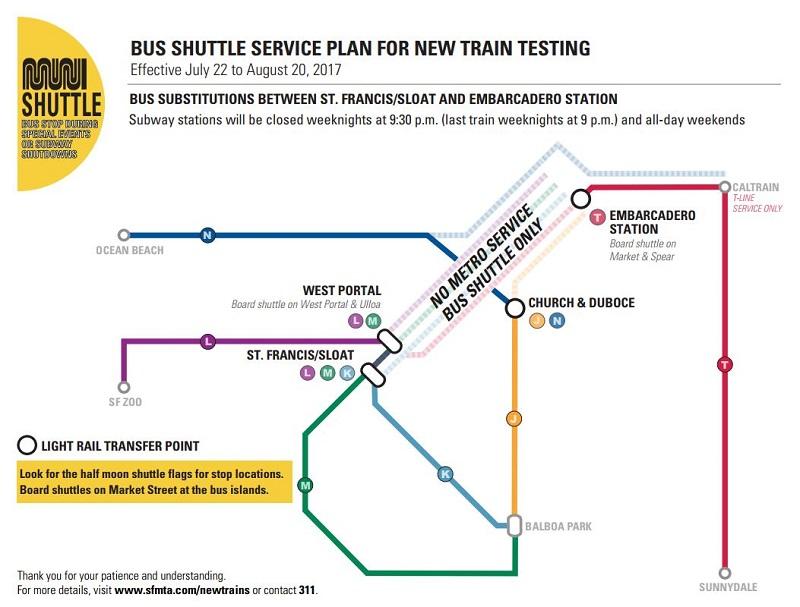 Bus shuttle service map showing routes between Embarcadero Station and St. Francis/Sloat during train testing, July 22 to August 20, 2017.