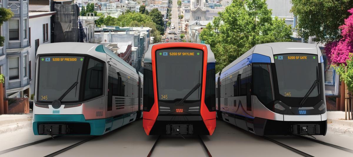 Three modern light rail vehicle designs in teal, red, and blue liveries on tracks with San Francisco cityscape background.