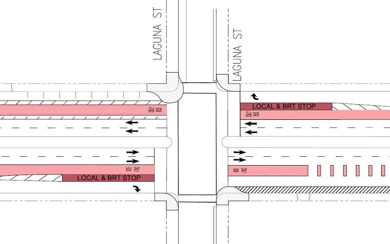 Transit boarding islands at Geary and Laguna intersection showing local and BRT stop locations.