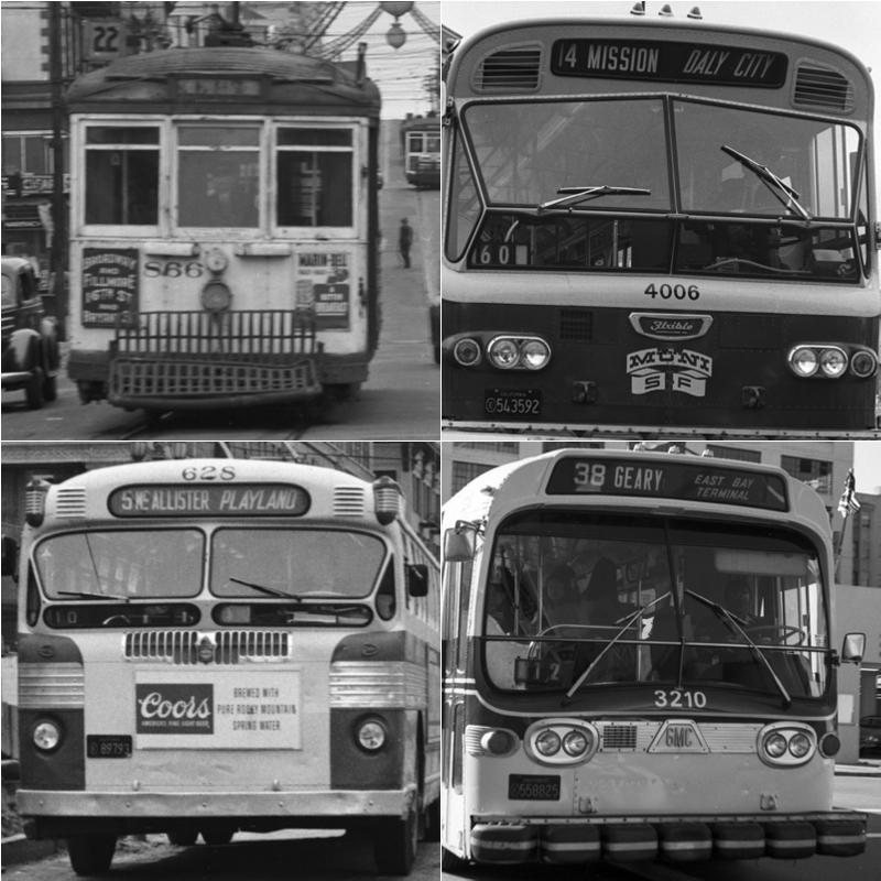 Four Muni vehicles from different eras: cable car, streetcar, and two buses showing various route numbers and destinations, 1943-1976.