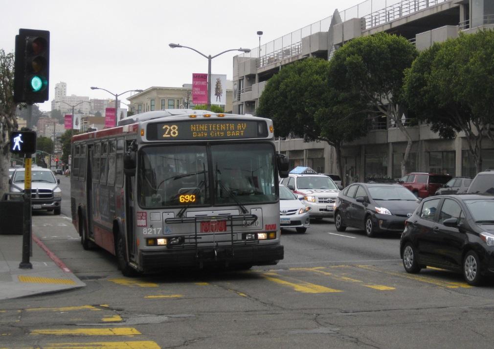 Route 28 bus traveling on Lombard Street toward Daly City BART station