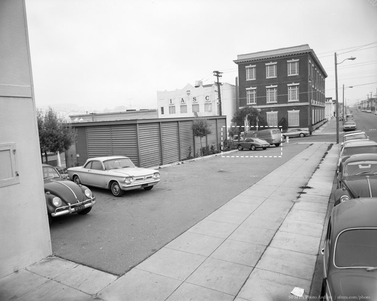 Outer Mission Substation parking lot with vintage cars, London Street and Russia Avenue, 1970
