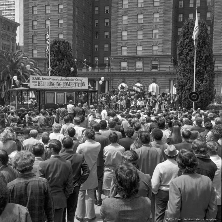 Large crowd gathered at Union Square for Cable Car Bell Ringing Contest, 1972
