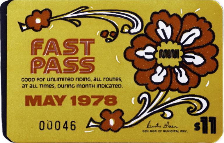 Mustard yellow Fast Pass from May 1978 with brown daisy flower and decorative vines, valid for unlimited Muni riding.