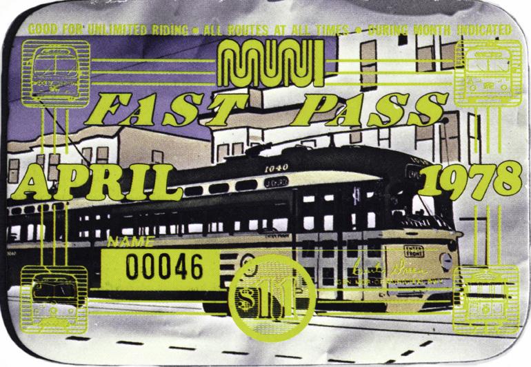 1978 Muni Fast Pass featuring a black streetcar with neon yellow and purple design elements and number 00046.