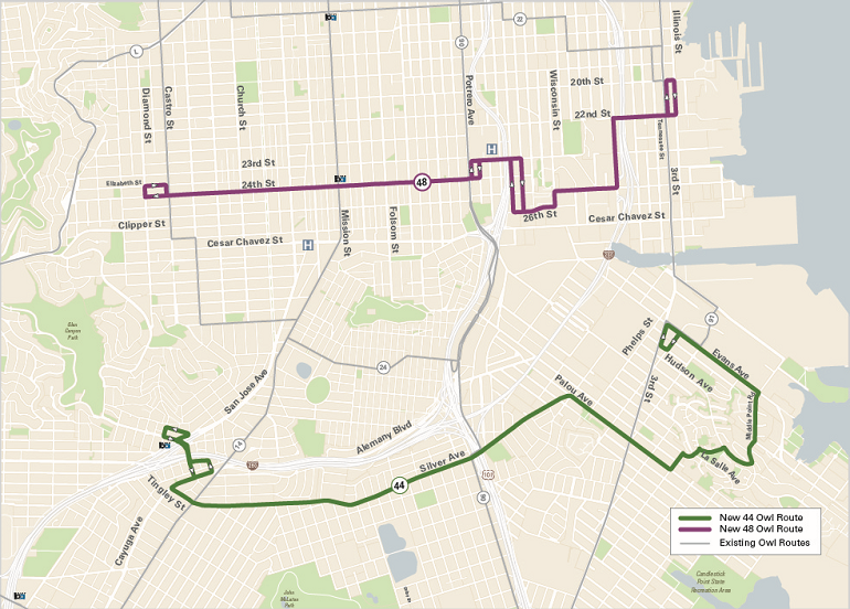 Map of San Francisco showing new 44 and 48 Owl night bus routes in purple and green.