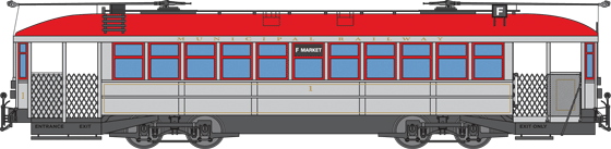 Red and silver vintage streetcar with multiple windows and side doors, shown in profile view.