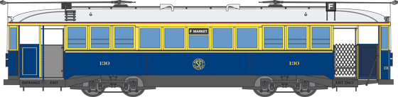 Streetcar Number 130 in blue and gold livery with multiple windows and doors along its side.