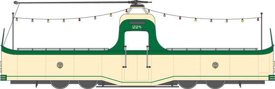 Side profile illustration of a vintage green and cream streetcar with decorative roof details and hanging lights.