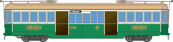 Green and cream Melbourne streetcar number 498 with brown window panels and gold lettering.