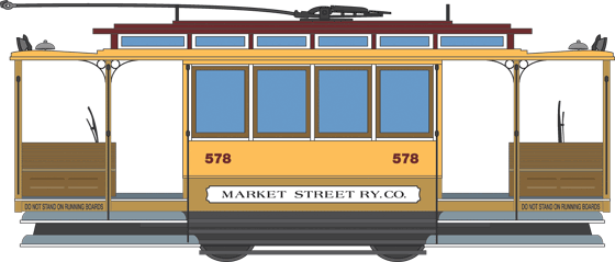 Market Street Railway Company streetcar number 578, a yellow and blue cable car from 1896.