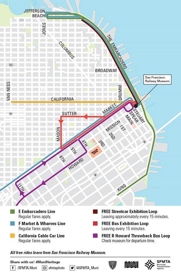 San Francisco Muni Heritage Weekend transit map showing free streetcar and bus loop routes near the Ferry Building and San Francisco Railway Museum.