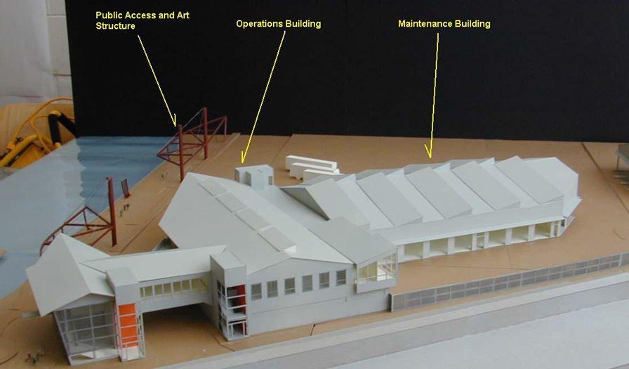 Architectural model of Islais Creek Muni Facility showing three labeled buildings with white structures and red support framework.