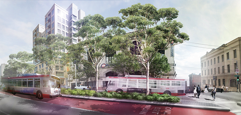 Rendering of Muni buses in red transit-only lanes on Van Ness Avenue with trees and buildings.