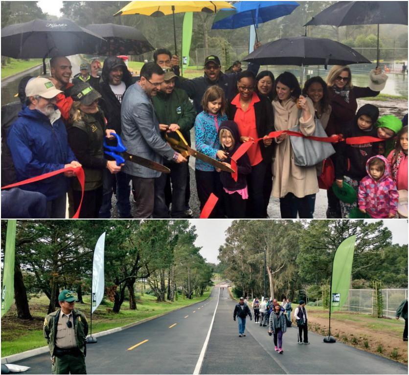 Ribbon-cutting ceremony with community members holding red ribbon over newly paved path lined with trees.