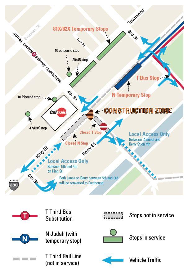 Map showing Muni bus and rail detours around 4th and King construction zone near Caltrain station.