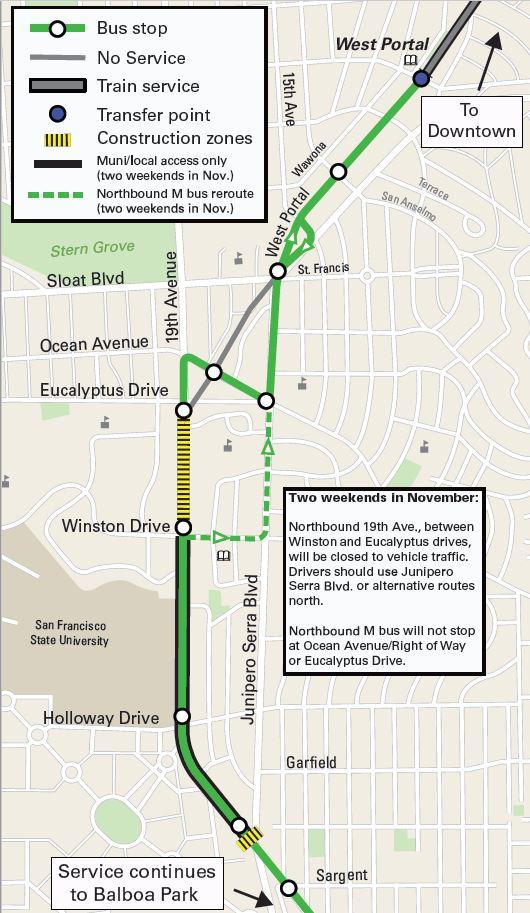 M Line bus service map showing stops from West Portal to Balboa Park with November construction zone near Eucalyptus Drive.