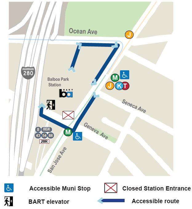 Map of Balboa Park BART Station showing accessible routes in blue, elevator locations, accessible stops, and closed entrance.