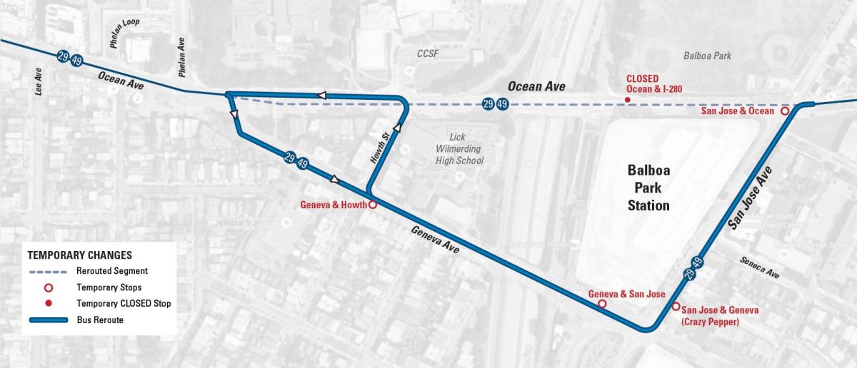 Muni bus route map showing temporary changes to routes 29 and 49 with rerouted segments and closed stops near Ocean Avenue.