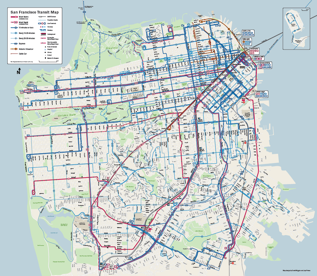 San Francisco Muni transit map showing Metro, Rapid, Express, and local bus routes throughout the city.