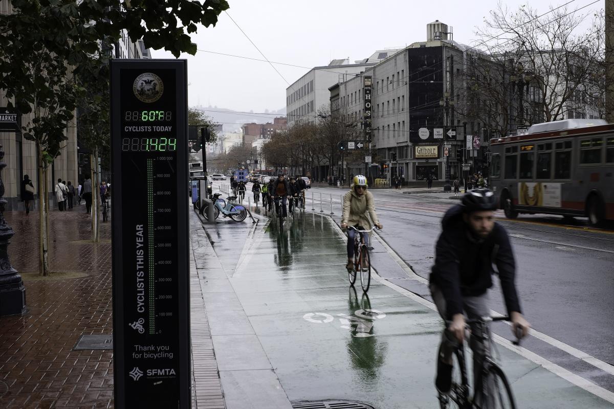 Cyclists ride on wet Market Street past a digital bike counter displaying 60°F and trip count on a rainy day in San Francisco.