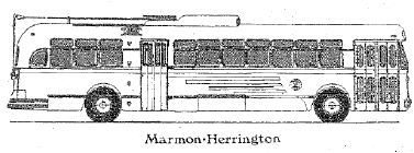Side profile diagram of a 1950 Marmon-Herrington trolley bus showing seating layout and exterior design.