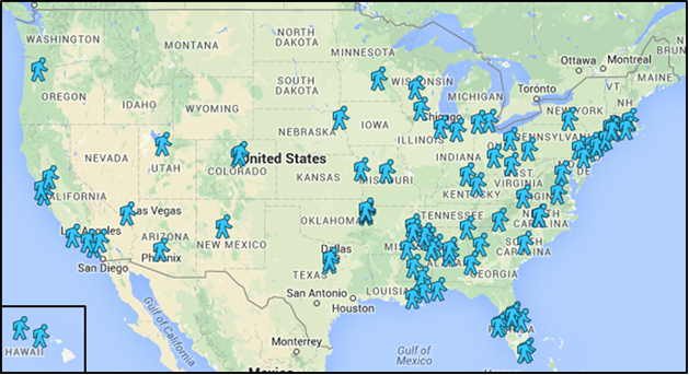 U.S. map with blue pedestrian icons marking cities participating in DOT's Mayor's Challenge for Safer People and Safer Streets.