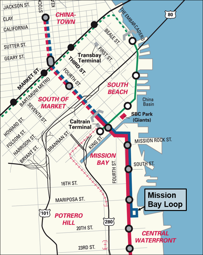 San Francisco Muni T Third Line and Mission Bay Loop transit map showing stations from Chinatown to Central Waterfront.