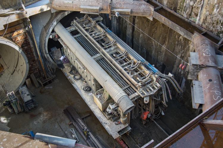 Tunneling machinery at bottom of 70-foot Central Subway retrieval shaft in North Beach.
