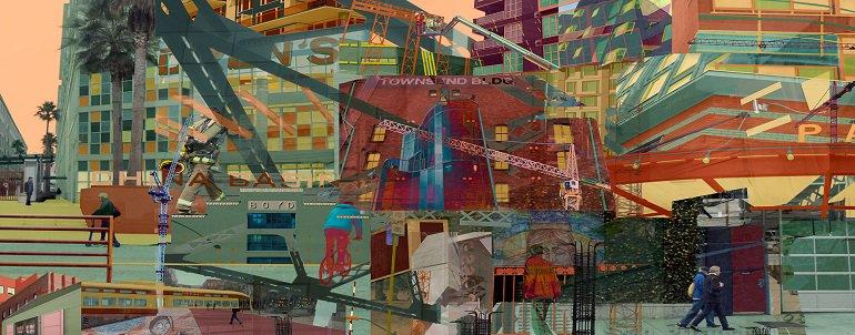 Colorful abstract mural titled "City Walks" featuring layered geometric patterns, buildings, and figures in warm tones.