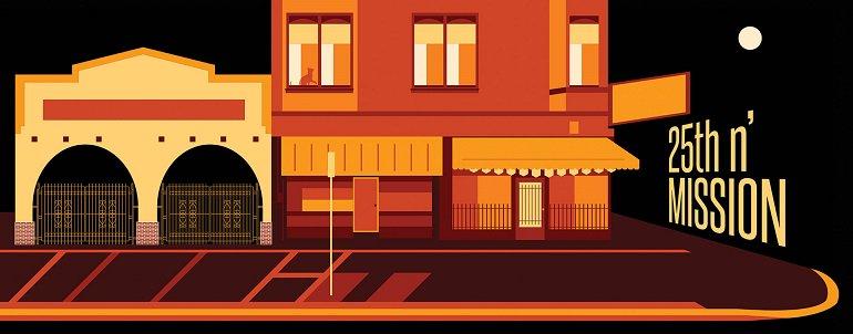 Illustrated art deco-style storefront on 25th and Mission with warm orange and yellow tones.
