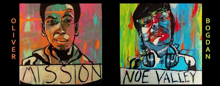 Two colorful portrait paintings side by side labeled "Oliver Mission" and "Bogdan Noe Valley"