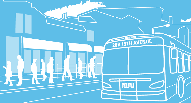 Blue and white graphic of a Muni bus labeled 28R 19th Avenue at a street stop with waiting passengers.