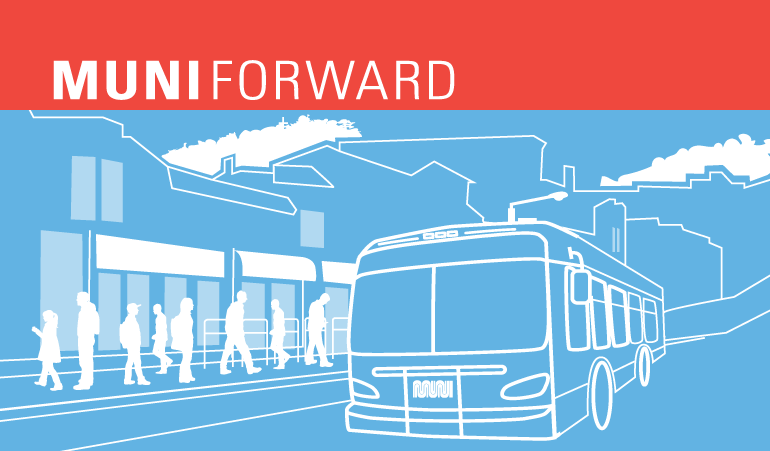 Muni bus at a busy boarding platform with passengers waiting to board, illustrated in blue and white with Muni Forward banner.