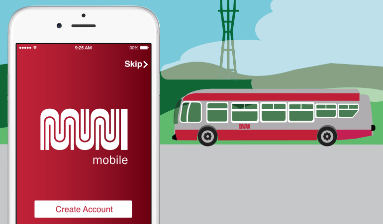 iPhone displaying Muni Mobile app next to illustration of red and white Muni bus with Sutro Tower in background