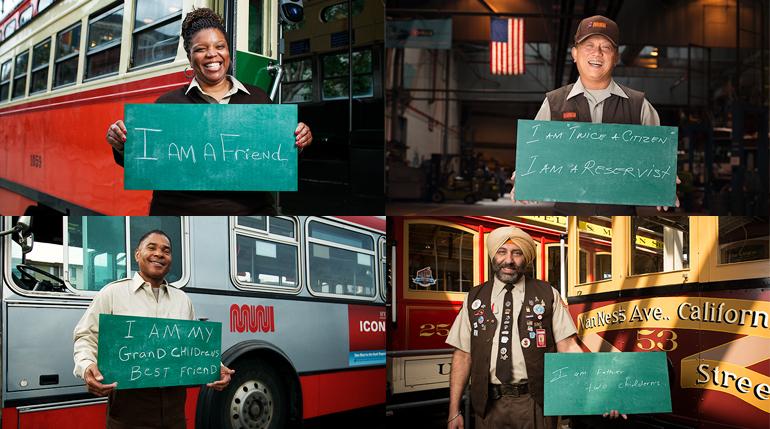 Four Muni transit operators holding green signs with personal statements standing in front of buses.