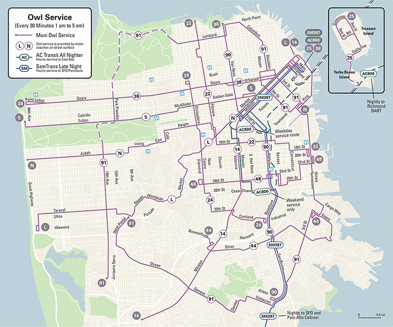 Muni Owl Service map showing 24-hour transit routes across San Francisco with service details and coverage areas.