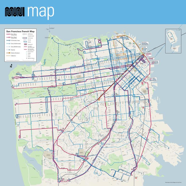 San Francisco Muni transit map showing rail and bus routes with line thickness indicating service frequency.