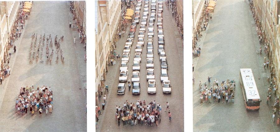 Aerial view comparing space used by 72 people: grouped together, in cars, and on a bus.