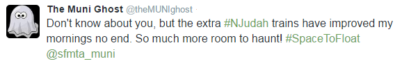 Tweet from @theMUNIghost praising improved N Judah train service with more space during morning commutes.