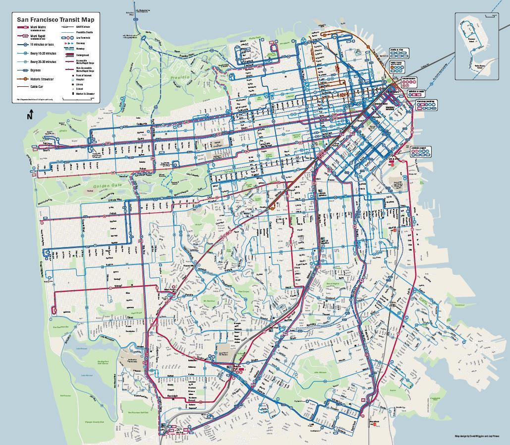 San Francisco Transit Map showing Muni bus routes in red and blue lines with varying thicknesses indicating service frequency levels.