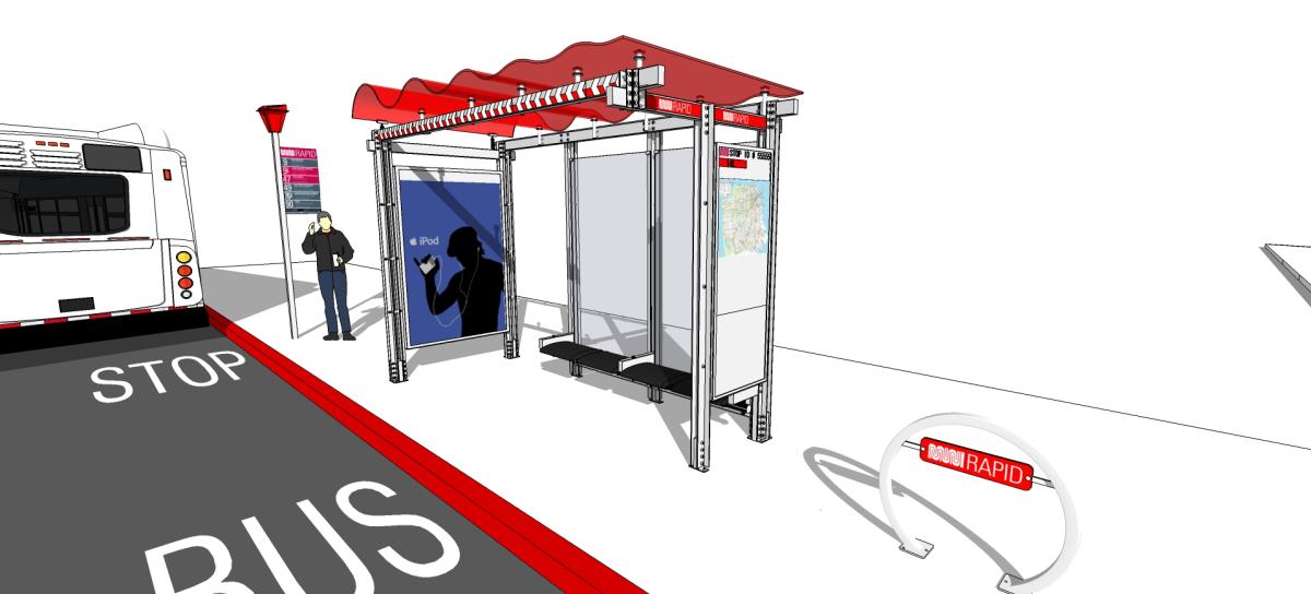 Rendering of a red-roofed transit shelter with Rapid branding on a street corner near a bus stop.