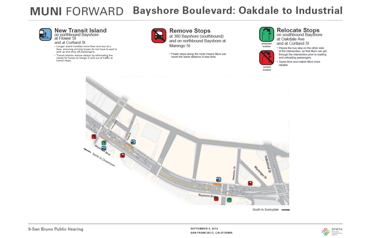 Map showing Bayshore Boulevard transit route changes between Oakdale and Industrial areas with stop relocations and removals marked.