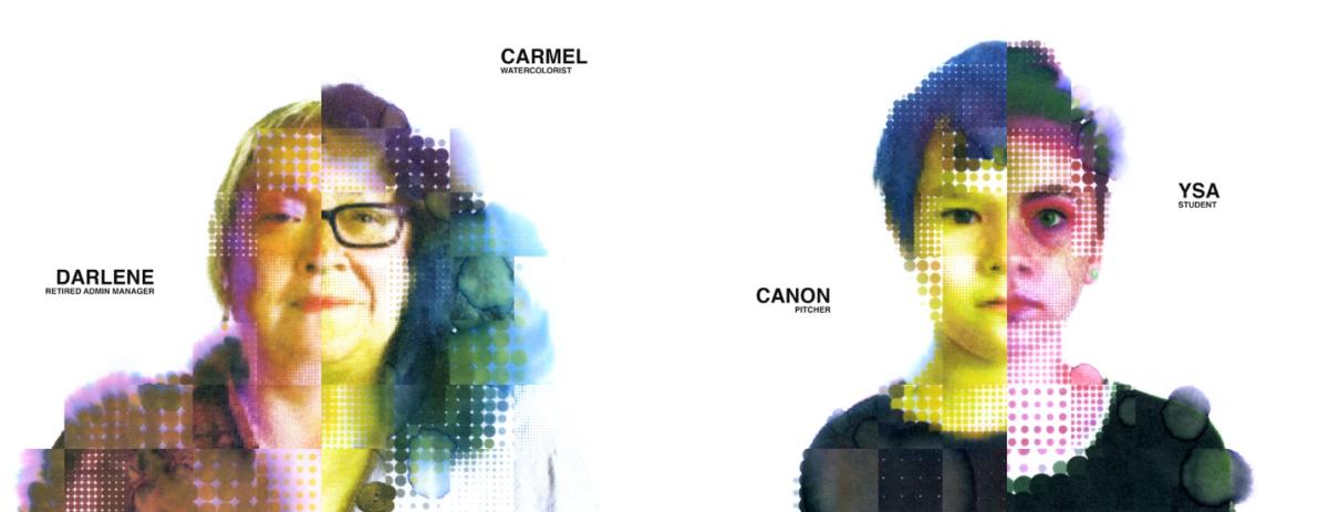 Composite portraits of four people with colorful pixelated graphical overlays: Darlene, Carmel, Canon, and Ysa.