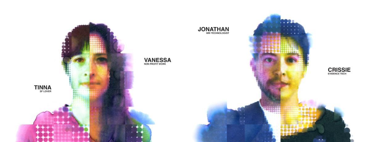 Four portrait composites with colorful pixelated and gradient overlays featuring Tinna, Vanessa, Jonathan, and Crissie.
