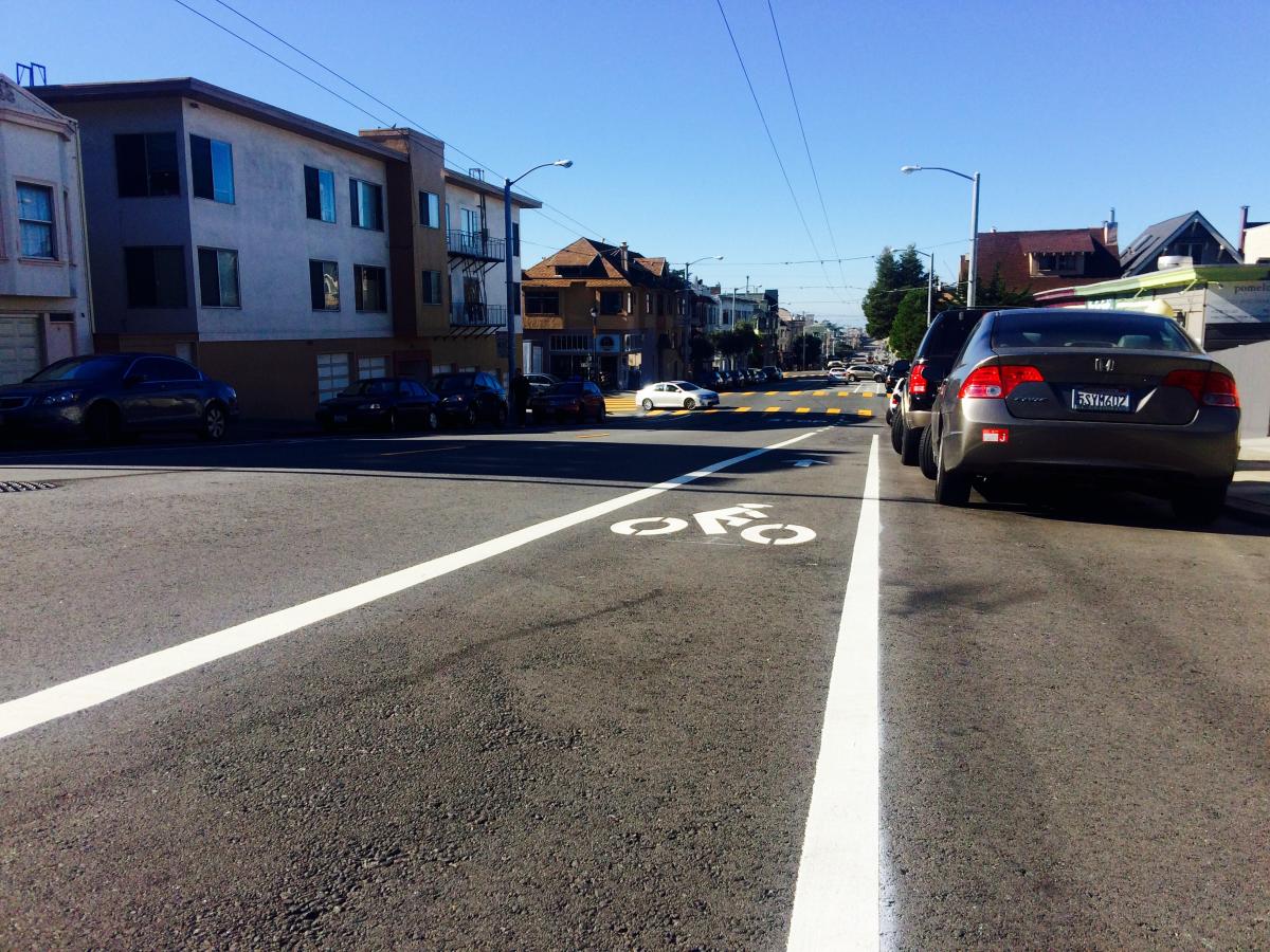 7th Avenue bike lane with white painted markings and parked cars along residential street